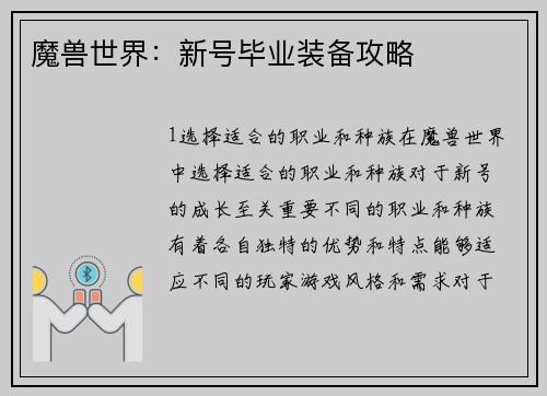 魔兽世界：新号毕业装备攻略